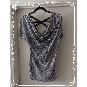 Wet Seal Blue & White Striped Floral Design Ruched Top Sz L